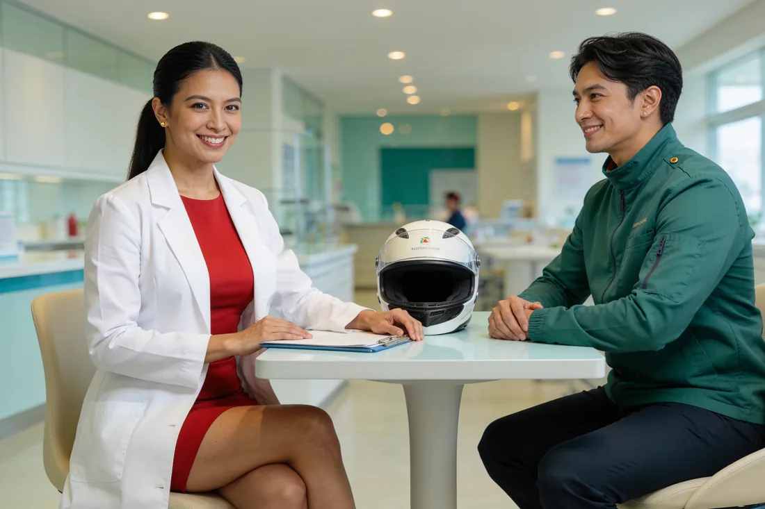 Nurse Jaz consulting a motorcycle rider across a consultation table at the Makati clinic