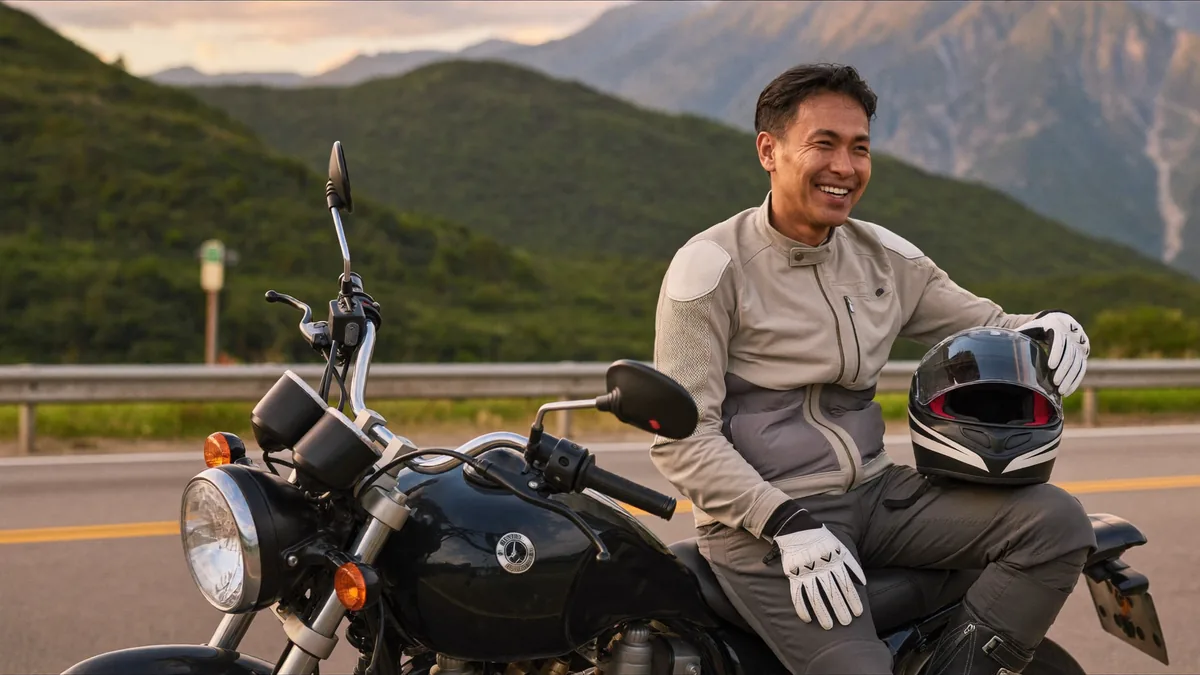 A Makati rider in full gear resting on his motorcycle with helmet in hand after a long ride, smiling