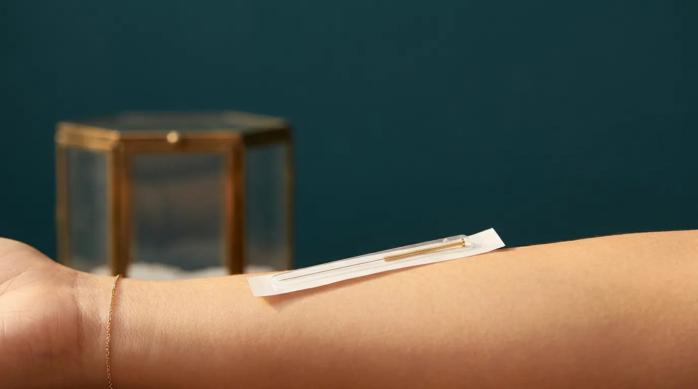 Acupuncture needle on skin in warm light — editorial close-up