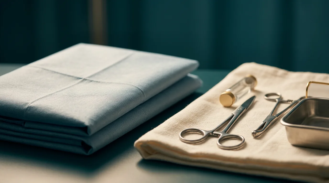 Clean surgical drape and instruments on soft neutral cloth in warm clinical light