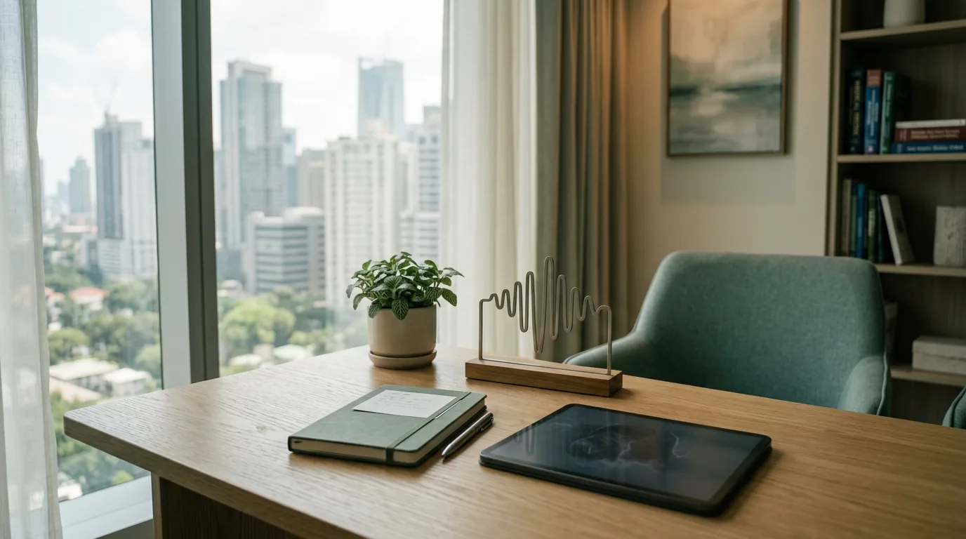A calm clinician's desk by a window in Makati — tablet, notebook and a minimalist acoustic-wave object
