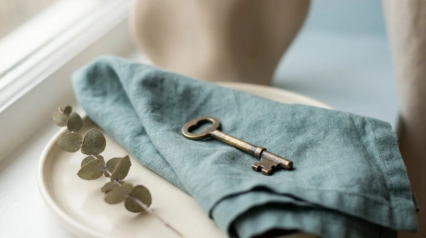 A single key on a calm neutral surface — editorial still-life on solutions