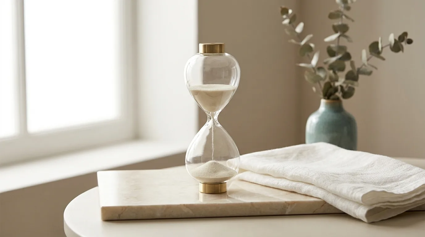 An hourglass beside a calm clinical still-life — editorial on time and results