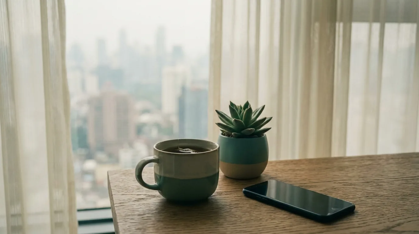 A quiet tabletop by a window in Makati — a phone resting face-down beside tea and a small plant, a private moment