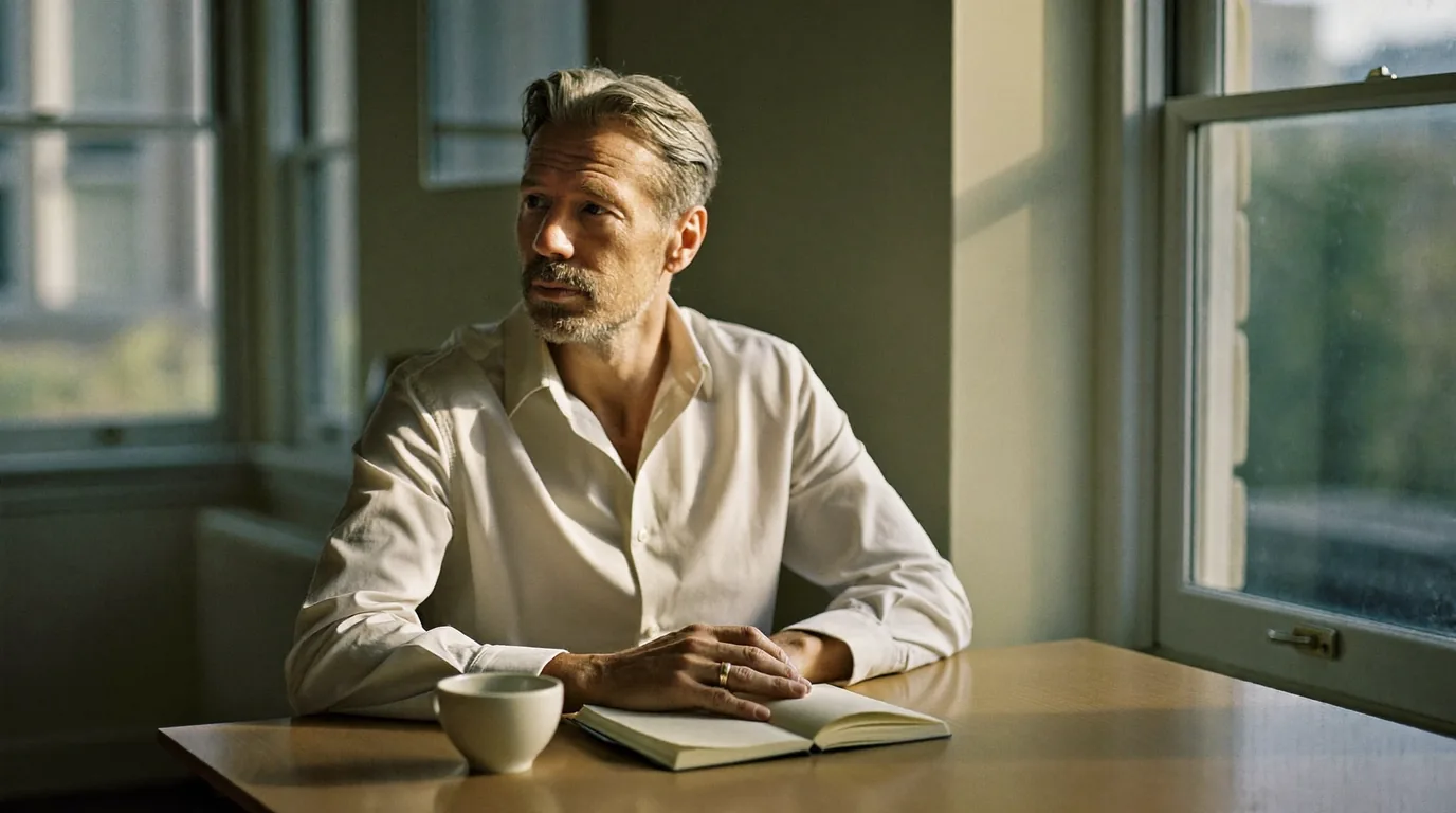 A man in his fifties sitting by a sunlit window with a coffee and an open notebook, considering his options before deciding on treatment abroad