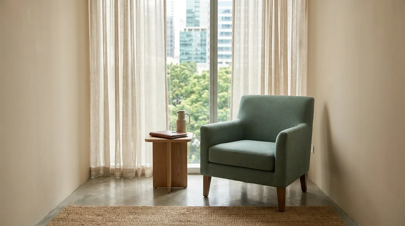 A calm, private consultation room at the Makati clinic — a single armchair and side table by a window overlooking the city