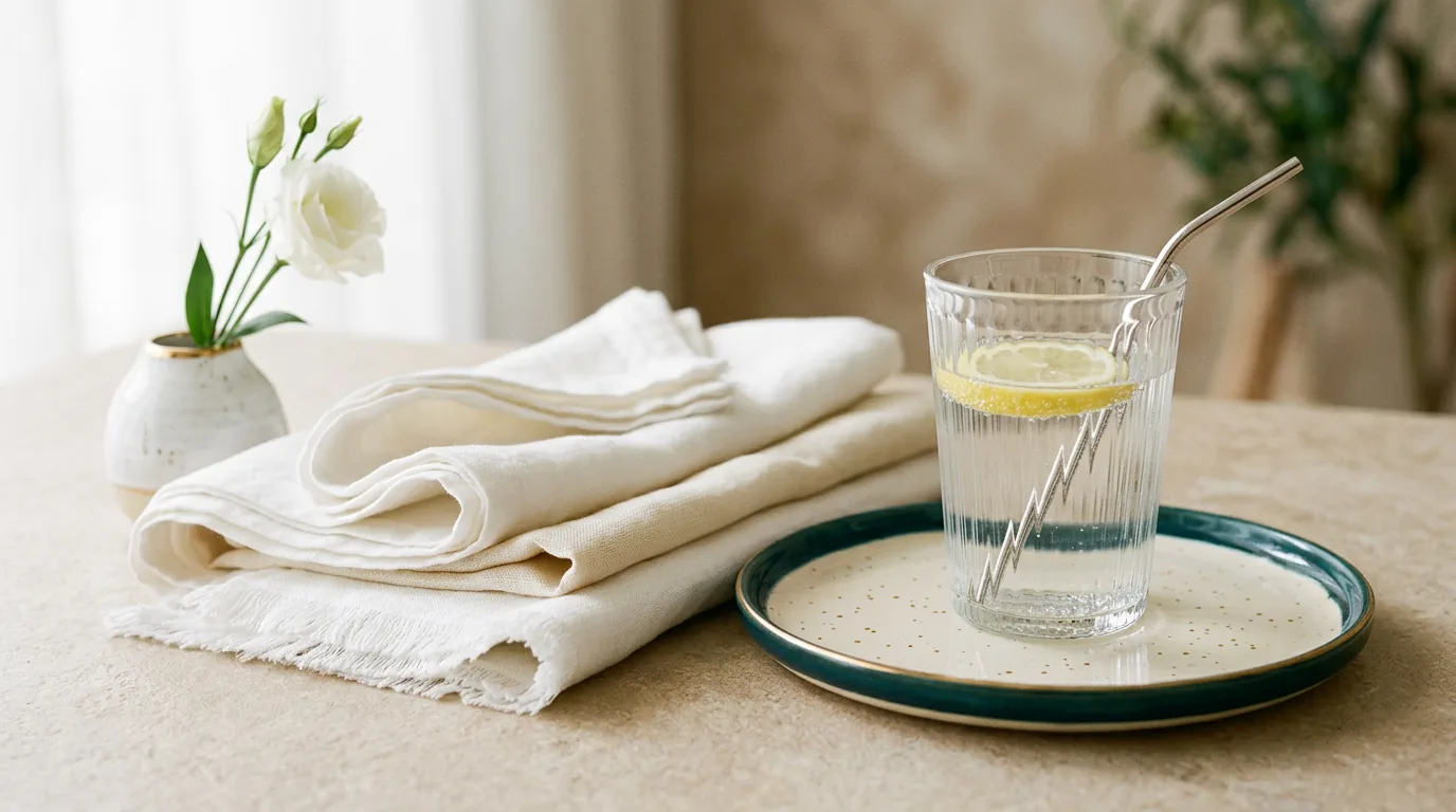 A softly lit bedside lamp, a folded shirt and a wristwatch on cream linen in calm warm light