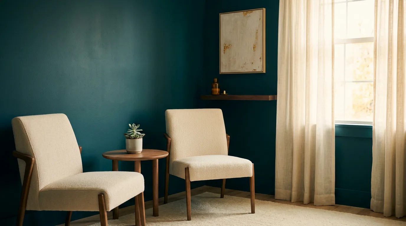 A calm, private consultation room with two chairs and warm natural light