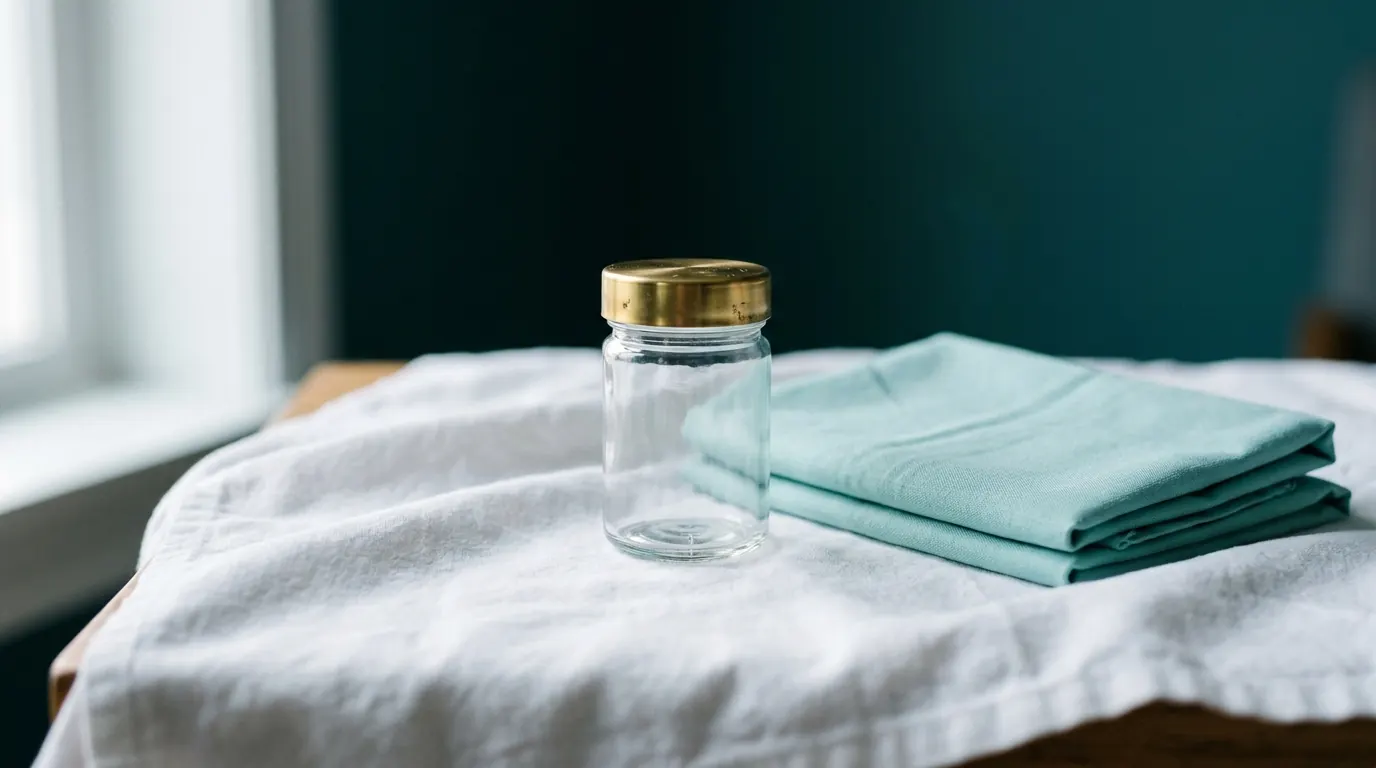 Editorial still-life — discreet medical instruments on white cloth in soft clinical light