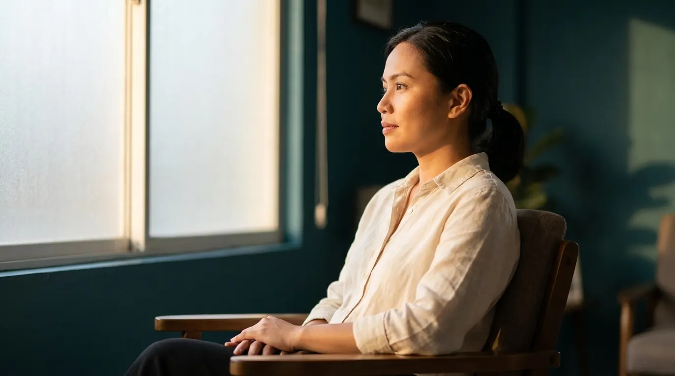 Woman by a sunlit window in cream linen — editorial portrait suggesting calm recovery