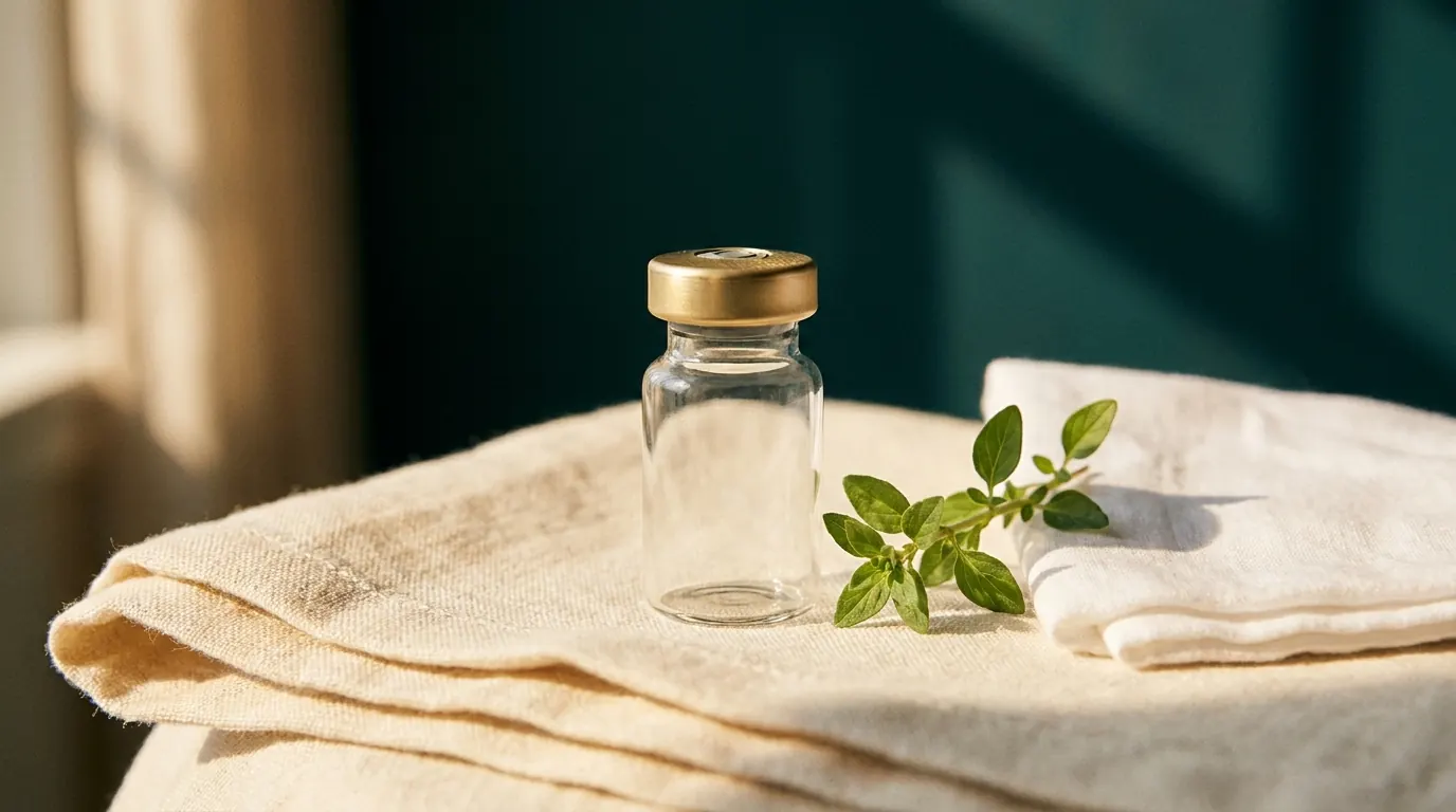 Medical vaccine vial with gold cap on cream linen, soft warm light