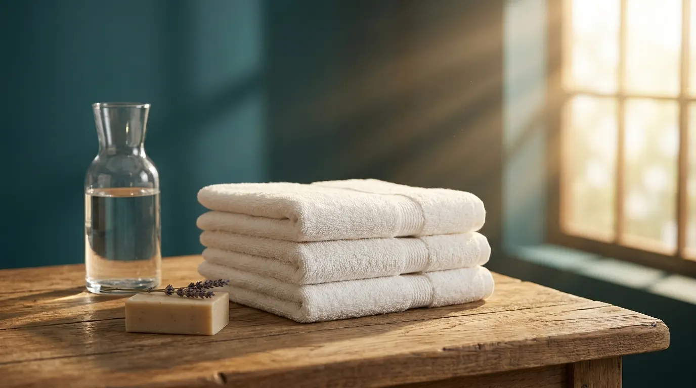 Folded cotton towels, glass water carafe and unscented soap on wood — editorial still-life
