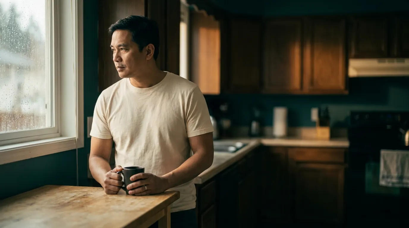 Filipino man at a kitchen window with coffee — editorial documentary