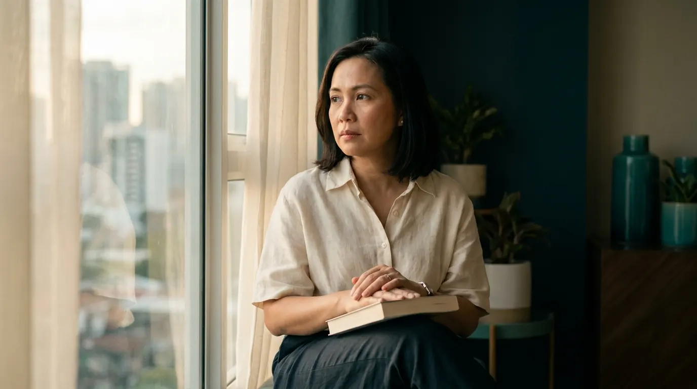 Filipina woman in her 40s by a sunlit window with a closed book — editorial portrait