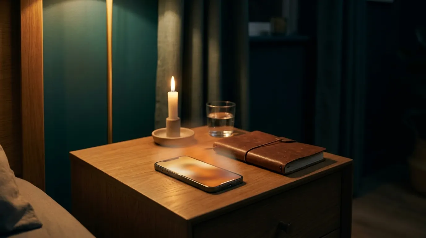 Smartphone glowing on a bedside table at night beside a candle — long-distance intimacy still-life