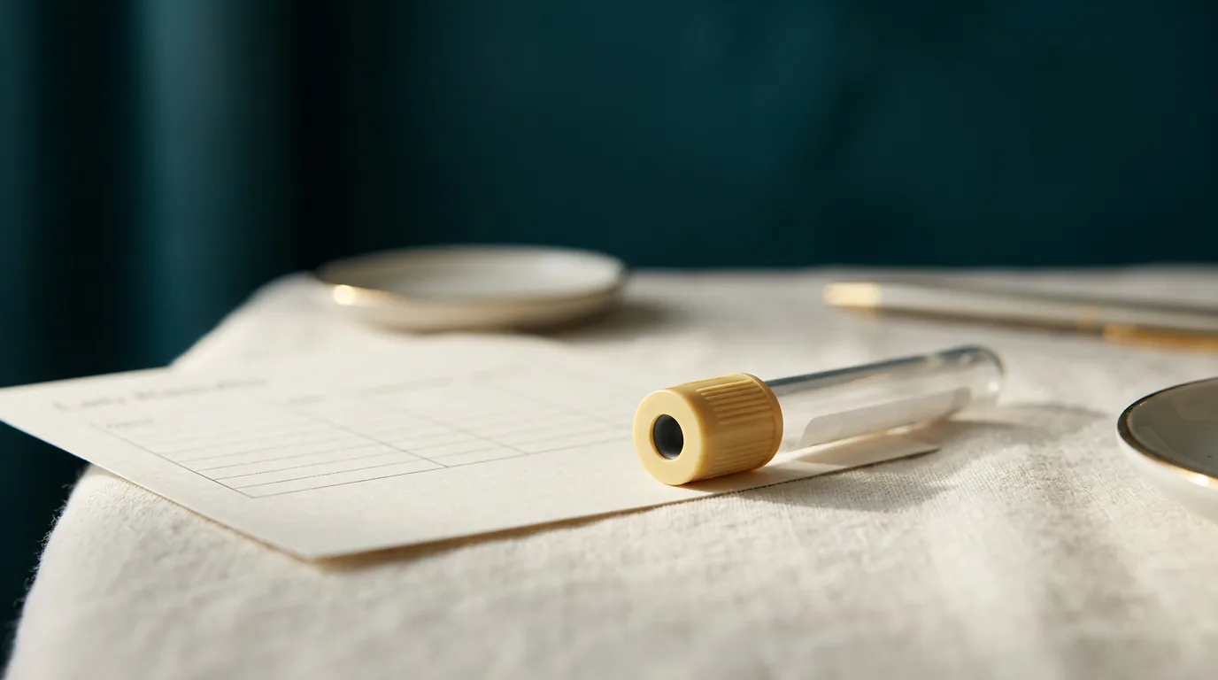 A blood sample tube and a simple lab chart on soft cream cloth in calm clinical light