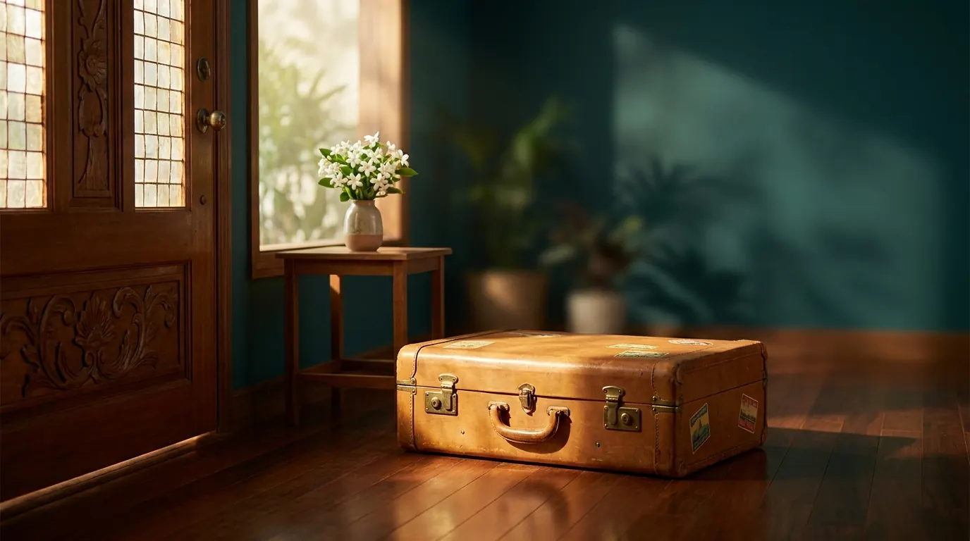 Editorial still-life — tan leather suitcase by a Filipino wooden door in golden afternoon light
