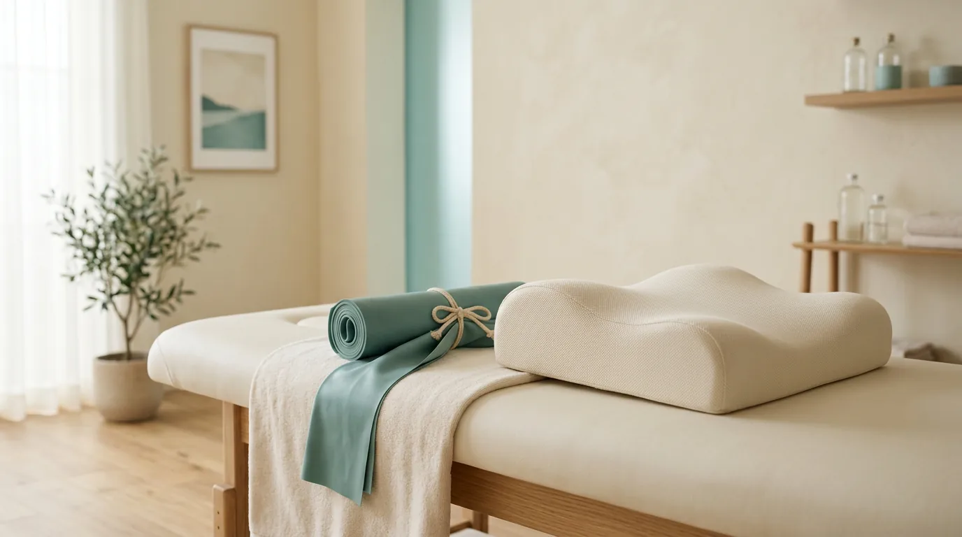 A calm treatment room with a knee-support cushion and light exercise band — clinical editorial