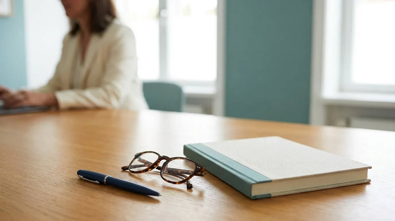 A calm consultation desk with a notebook and reading glasses — clinical editorial