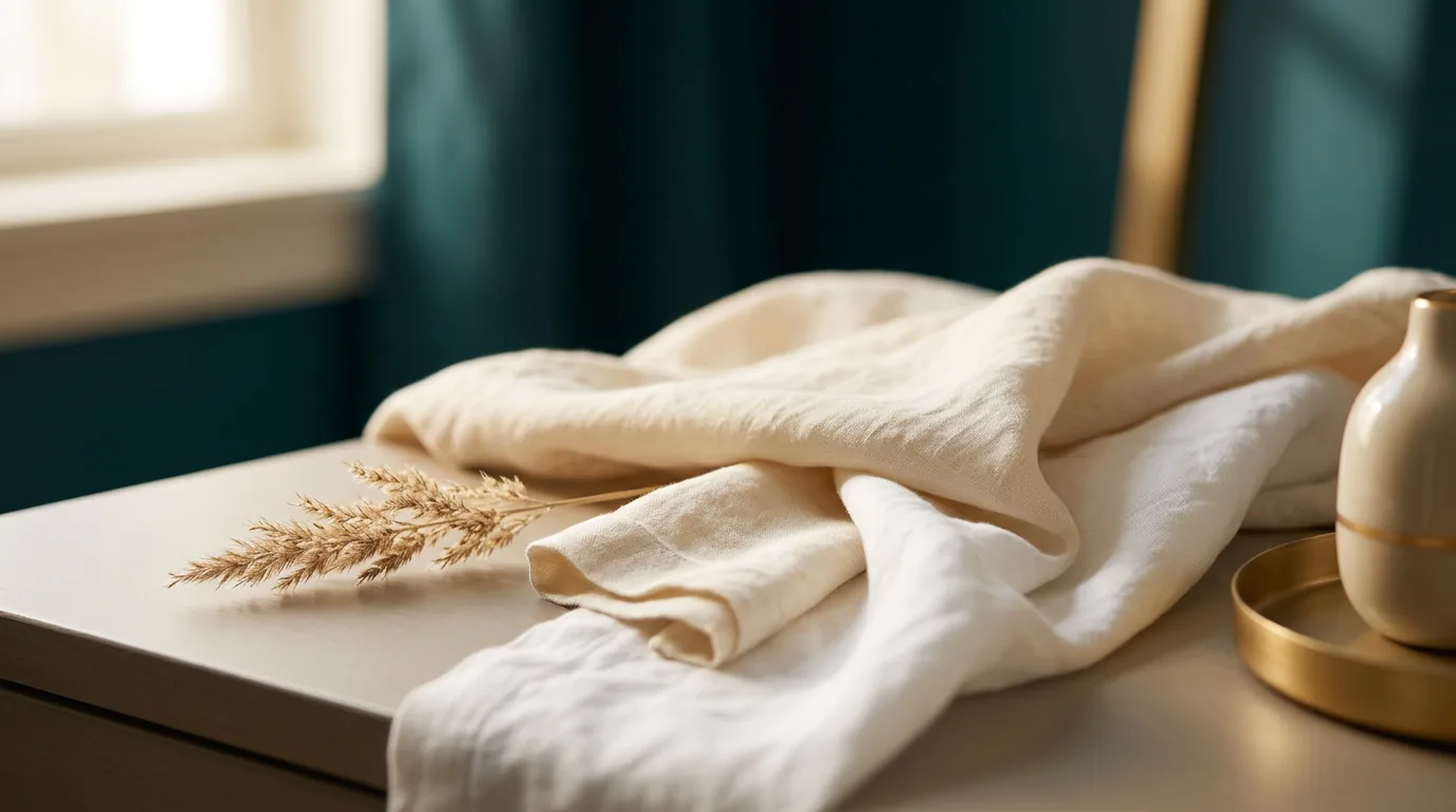 Editorial still-life — soft folded linen and a single stem on a calm neutral surface in warm natural light