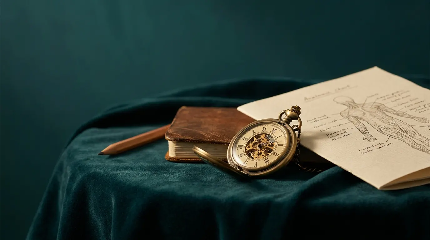 Antique pocket watch on dark teal velvet beside a notebook — editorial still-life on clinical time