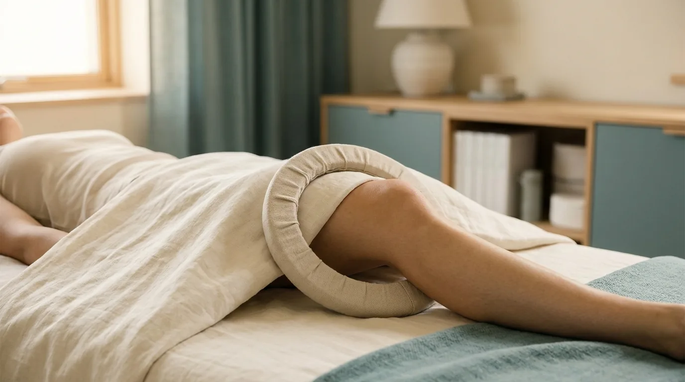 A PEMF therapy coil resting over a knee on a treatment bed — calm clinical editorial