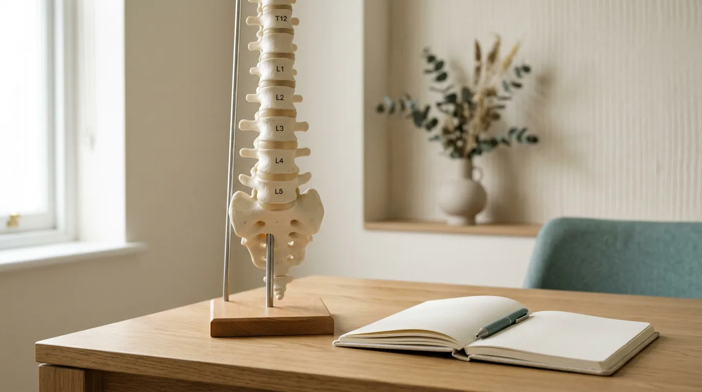 A calm consultation setting with a spine model on a desk — clinical editorial
