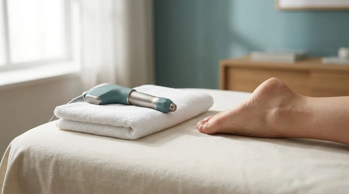 Radial shockwave handpiece positioned over a heel — discreet clinical editorial