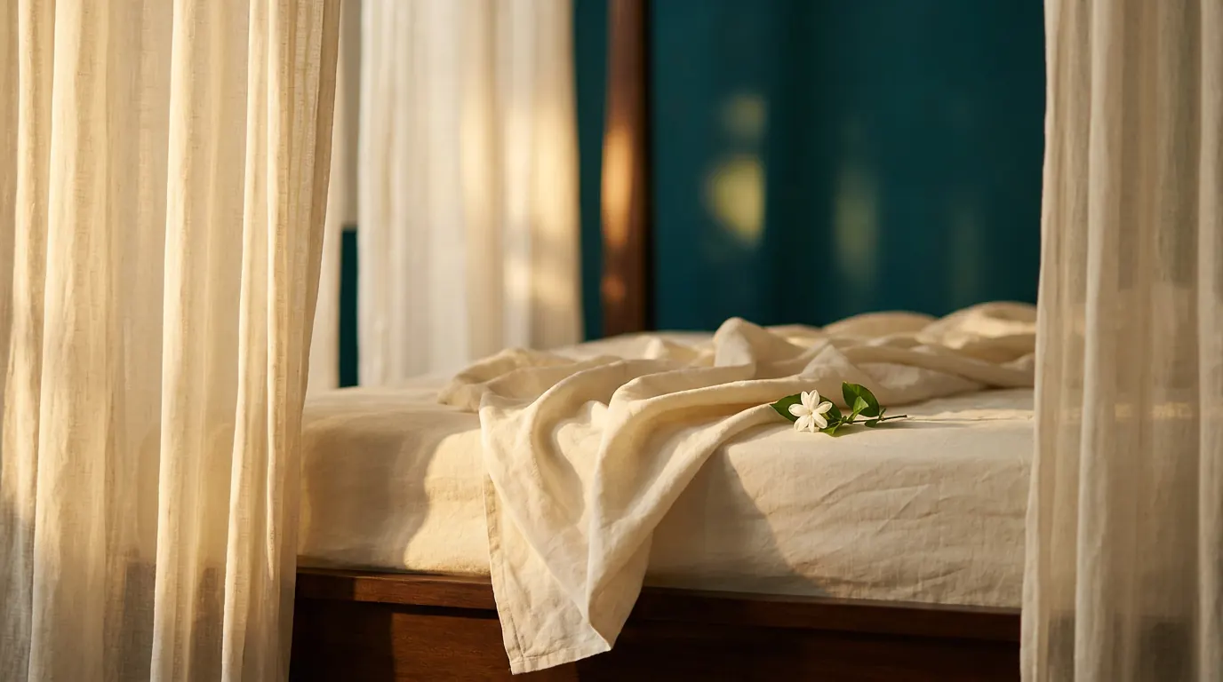Soft cream linens in warm afternoon light — sex positions and intimacy