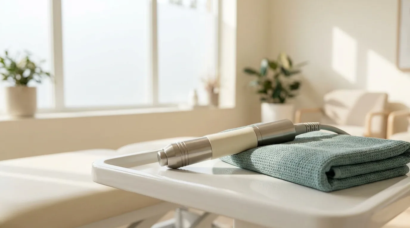 A radial shockwave handpiece on a clean treatment tray — discreet clinical editorial