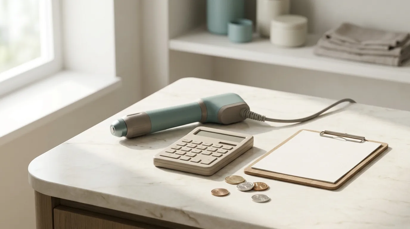 Editorial still-life — radial shockwave handpiece and a peso note on a cream countertop