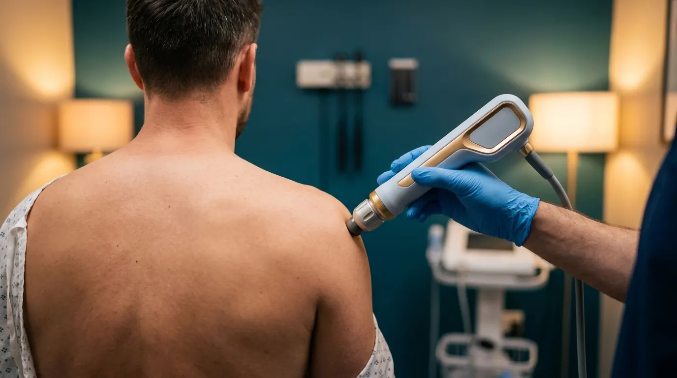 Anonymous shoulder receiving handheld shockwave therapy — discreet clinical editorial