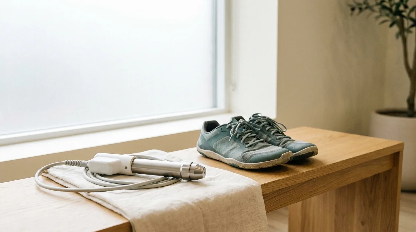 A radial shockwave handpiece beside running shoes on a clean surface — discreet clinical editorial