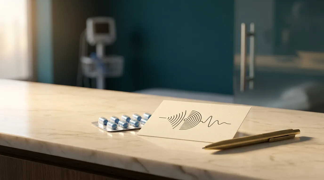 Editorial still-life — blister pack and acoustic-wave diagram on cream-marble countertop