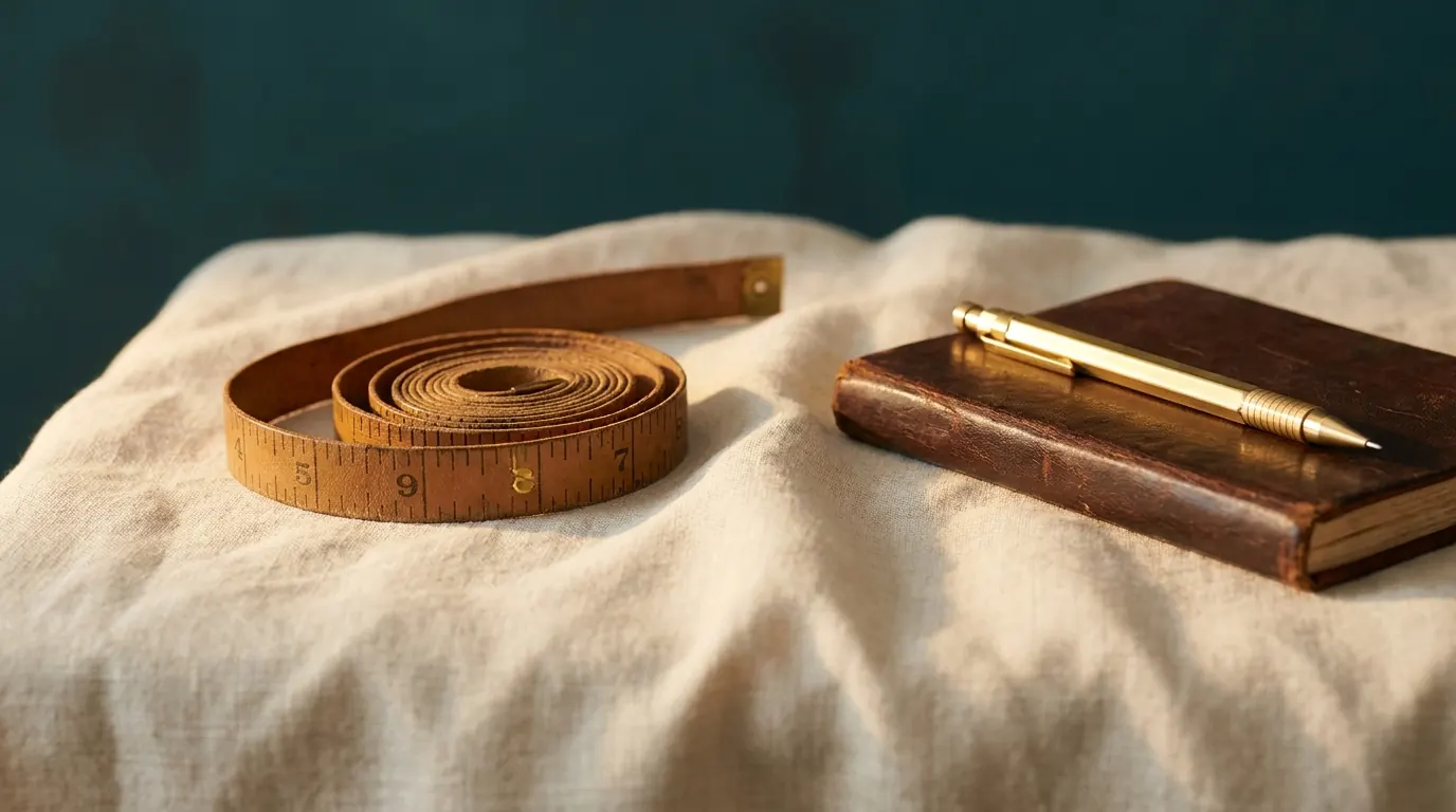 Vintage tan-leather tailor's measuring tape coiled on cream linen — editorial still-life on proportion