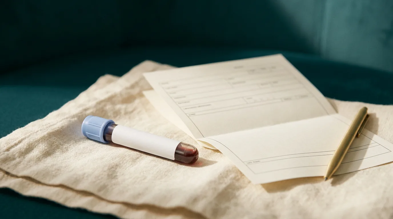 Blood collection tube and lab request form on soft neutral cloth in calm clinical light