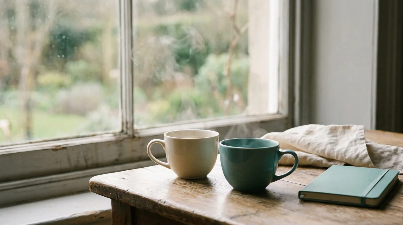 Two coffee cups on a quiet table in warm morning light — editorial on a gentle conversation