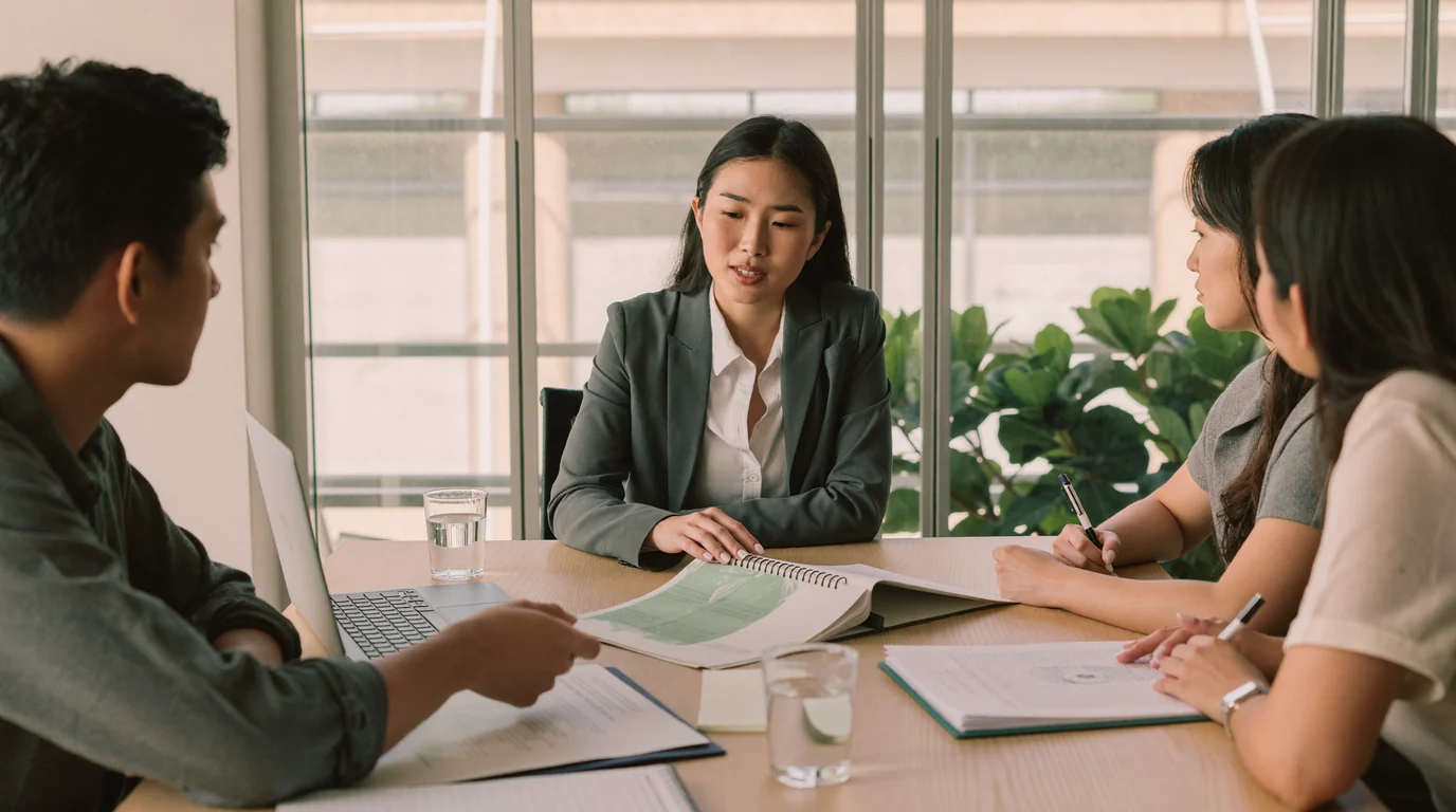 An HR team in a Manila office discussing an employee wellness programme around a meeting table