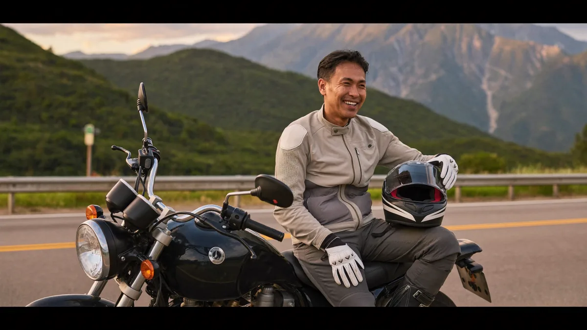 A Makati rider in full gear resting on his motorcycle with helmet in hand after a long ride, smiling