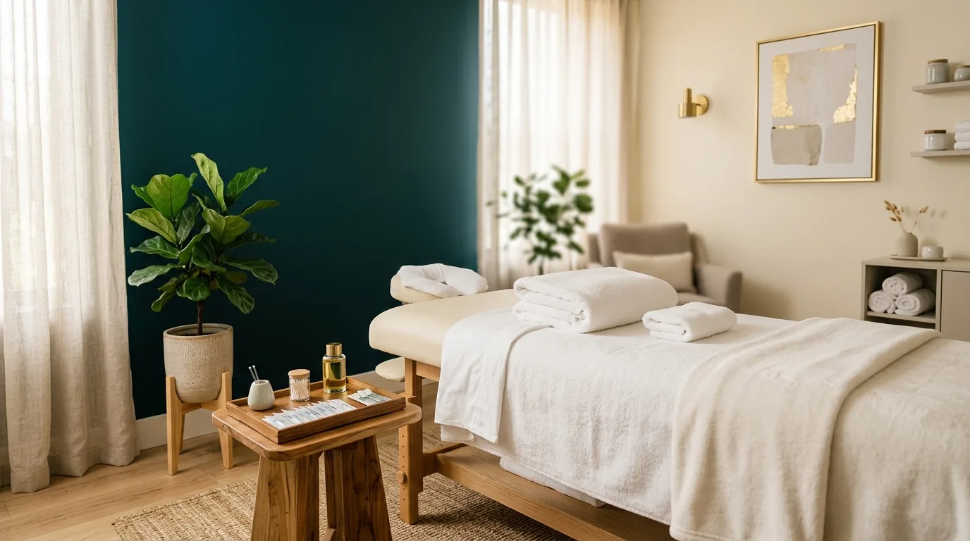 A calm acupuncture treatment room with folded towels and a tray of fine needles in warm natural light