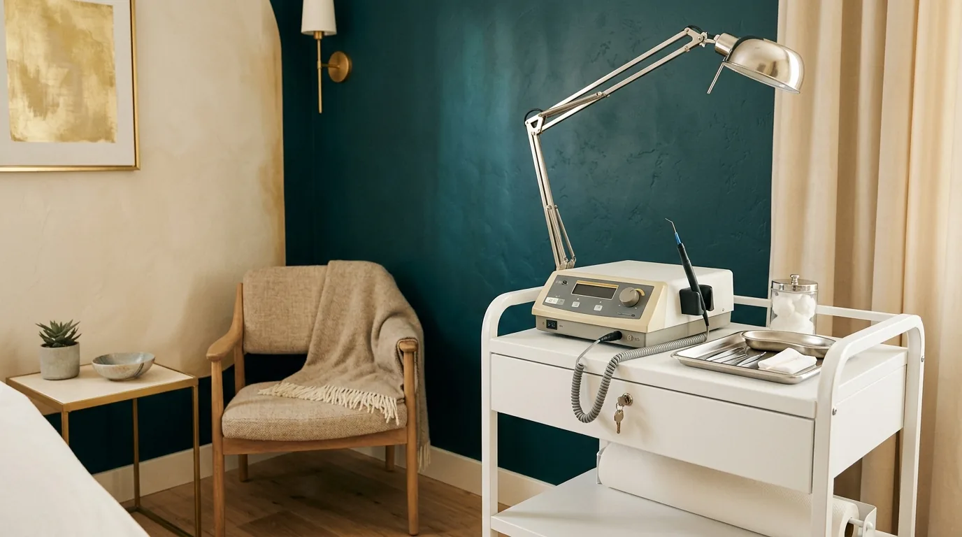 A discreet private treatment room with an electrosurgical unit and instrument tray in warm light