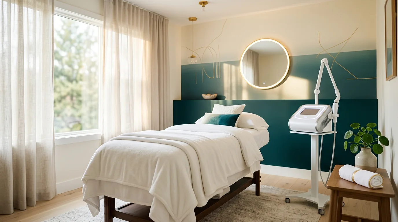 A serene women's treatment room with a non-invasive aesthetic device in soft natural light