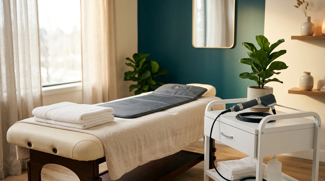 A warm recovery room with a PEMF therapy mat and a radial shockwave handpiece on a treatment bed