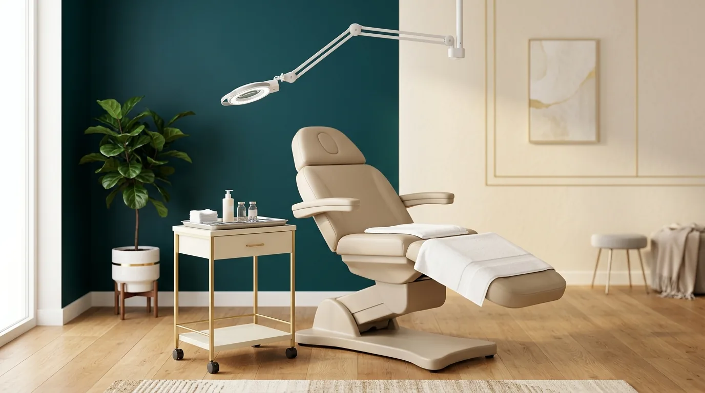 A bright dermatology treatment corner with a procedure lamp and instrument tray