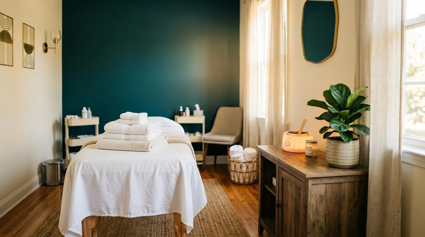 A tidy private waxing room with fresh folded towels and a warm wax warmer