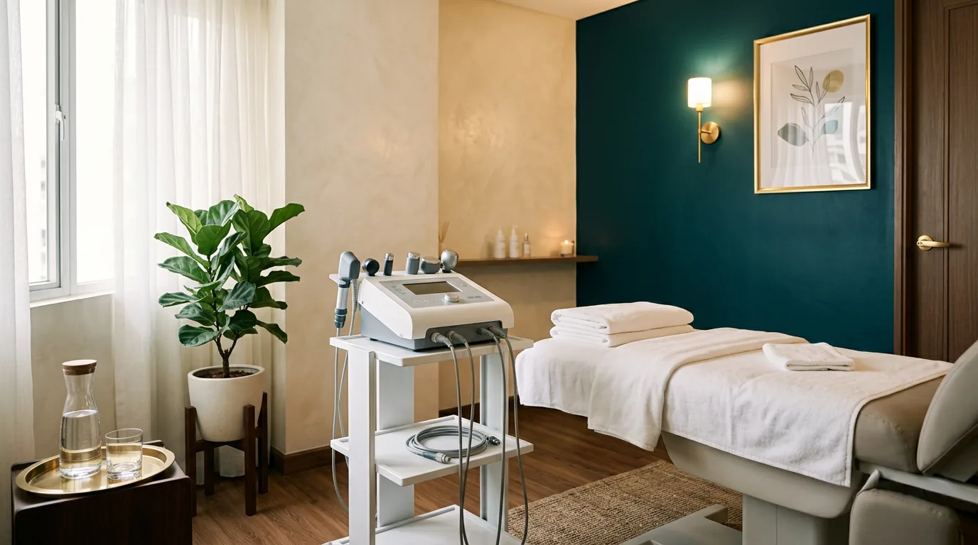 A calm, private clinic treatment room with a focused shockwave therapy device in warm natural light